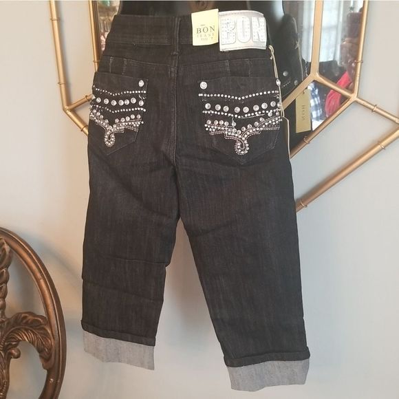 Bon.Jeans Premium Denim High Rise Cuffed Black Distressed Capri Jean's NWT - Picture 3 of 13